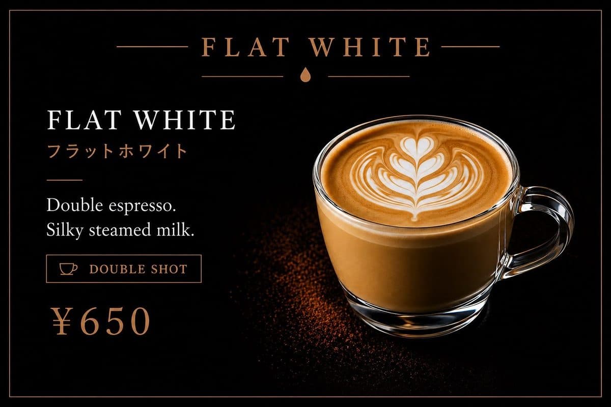 Flat White フラットホワイト ¥650。Double Shot & Silky.