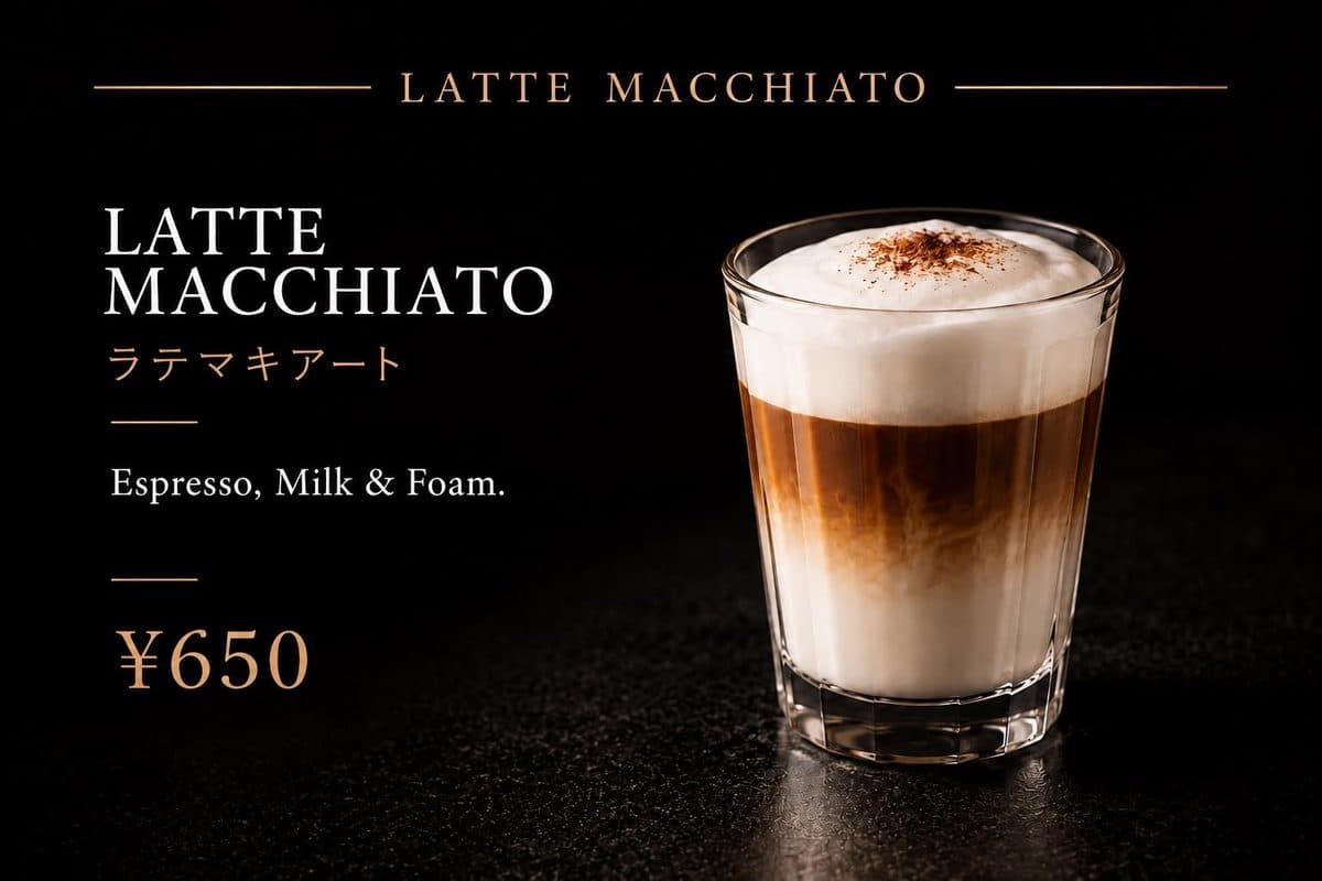 Latte Macchiato ラテマキアート ¥650。Espresso, Milk & Foam.