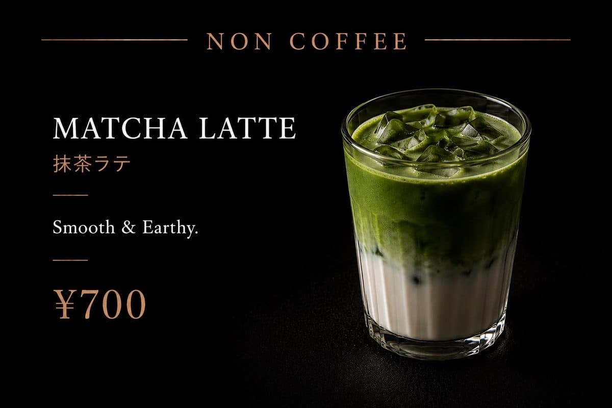 Matcha Latte 抹茶ラテ ¥700。Smooth & Earthy.