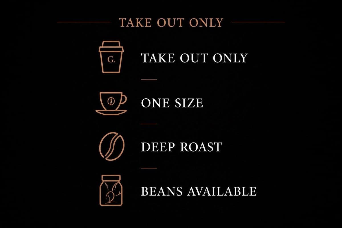 TAKE OUT ONLY / ONE SIZE / DEEP ROAST / BEANS AVAILABLE